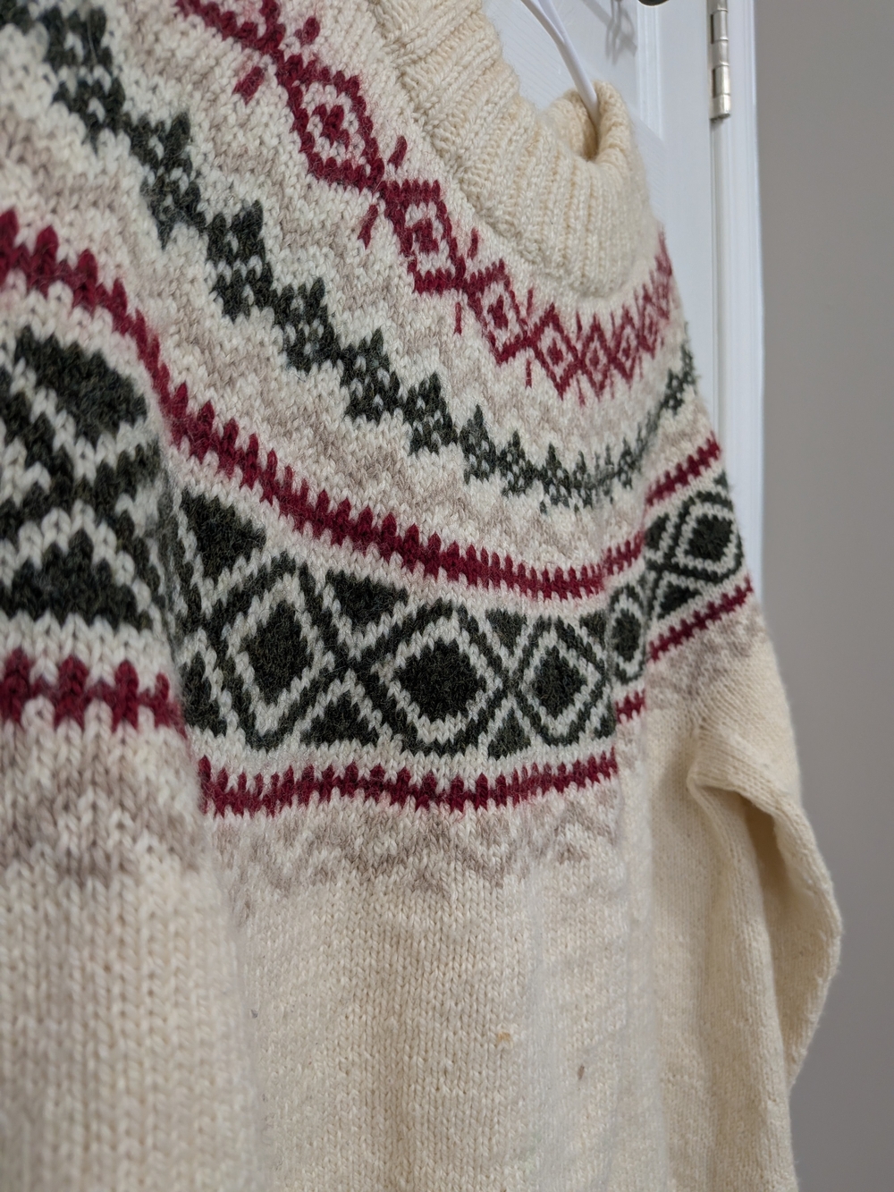 Cream Fair Isle Knit Sweater with Red & Dark Green Pattern